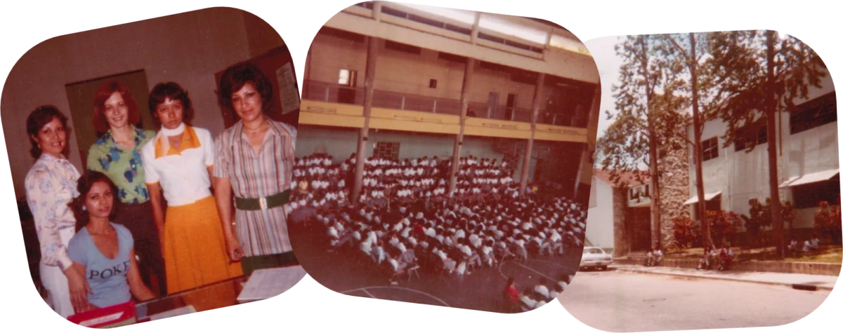 Three old Instamatic photos faded dark brown with age placed in an informal collage. On the left, a group of young women dressed in blouses and skirts gathers behind a desk facing the camera. In the middle is a photo taken from a balcony surrounding a large central floor, where hundreds of students in white shirts and blouses are sitting on folding chairs in a student assembly. On the right, the street-facing wall of the school, a white frame and stone facade with three tall slender trees lining the street.