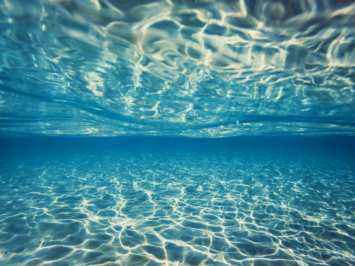 Another view from just under the surface of the water. The rays of sunlight make bright rippling patterns on the water surface above and on the sea floor below. Straight ahead, the water in the far distance is an intense cerulean blue.