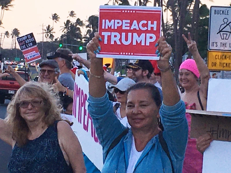 Line of people against a twilight sky holding "Impeach Trump" signs and waving. Cracks in the political life are cracks of possibility.