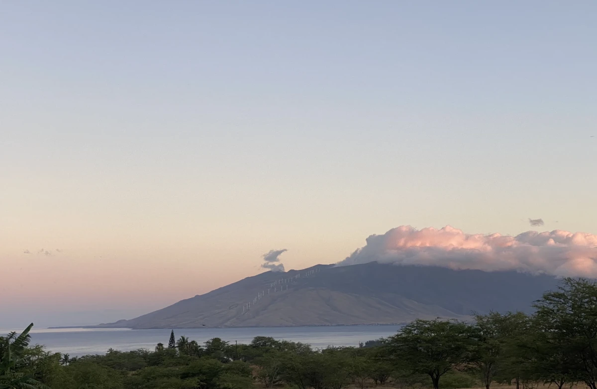 A bay in the distance under dawn light, with a pink-tinged sky and a rounded mountain topped with a pink-tinged fluffy cloud