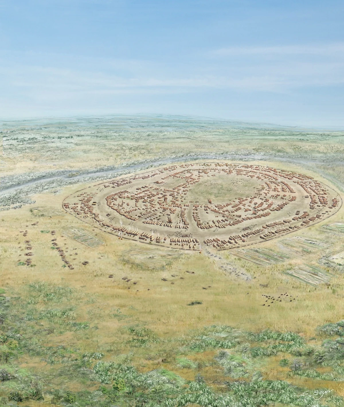An artist’s aerial view of a large sprawling city of detached homes arranged in a huge circle near a rive. Wide dirt avenues lead in from the perimeter to the large central area, like a big open green.