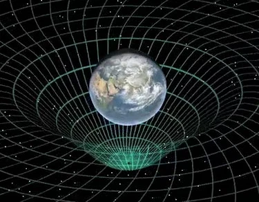 Earth as a ball riding in the middle of curved space like a marble on a trampoline