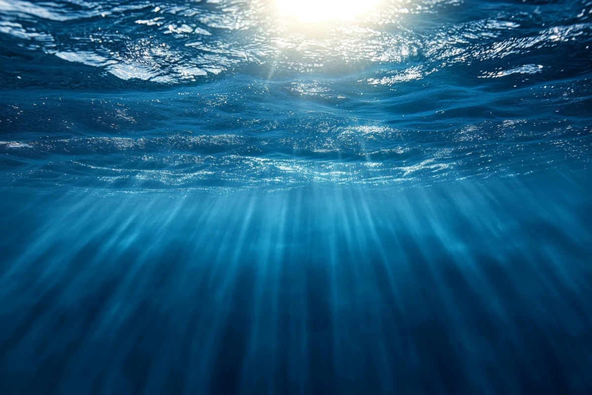 View underwater while hovering just below the surface of the sea. A bright spot of the sun shines through the surface, its rays spreading through the water. The water is dark blue.