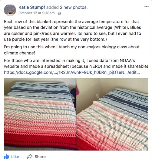 Screenshot of Katie's Facebook post showing two views of the blanket she wove for climate change education.