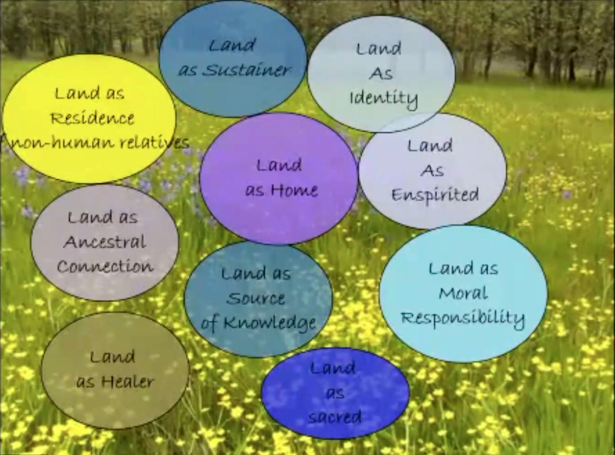 Slide from Robin's talk showing the same meadow of yellow and lavender wildflowers with text bubbles in front. The bubbles read: Land as Sustainer. Land as Identity. Land as Residence non-human relatives. Land as Home. Land as Ancestral Connection. Land as Healer. Land as Source of Knowledge. Land as Enspirited. Land as Moral Responsibility. Land as Sacred.
