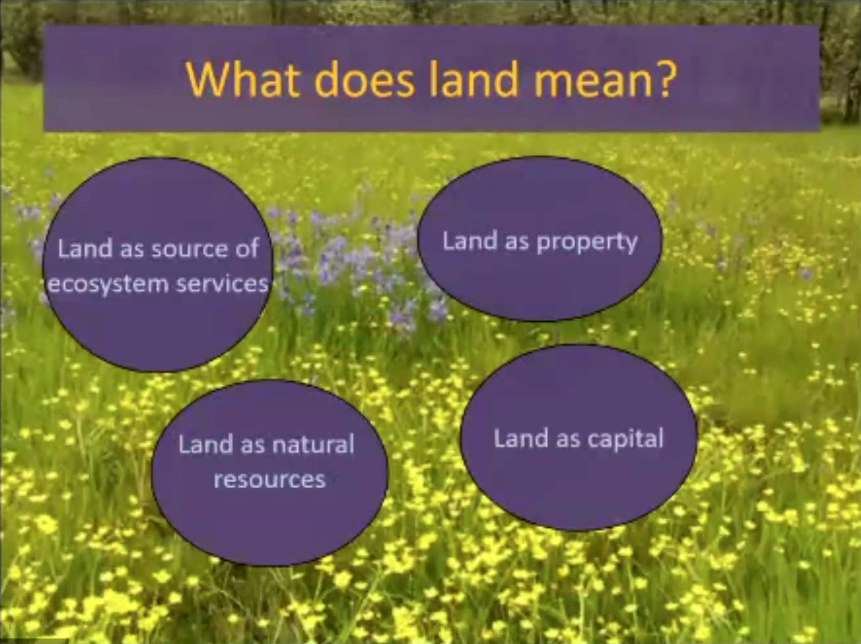 Slide showing a sunny meadow of yellow and lavender wildflowers with some text bubbles in front. The heading reads, What does land mean? The bubbles read: Land as source of ecosystem services. Land as natural resources. Land as property. Land as capital.