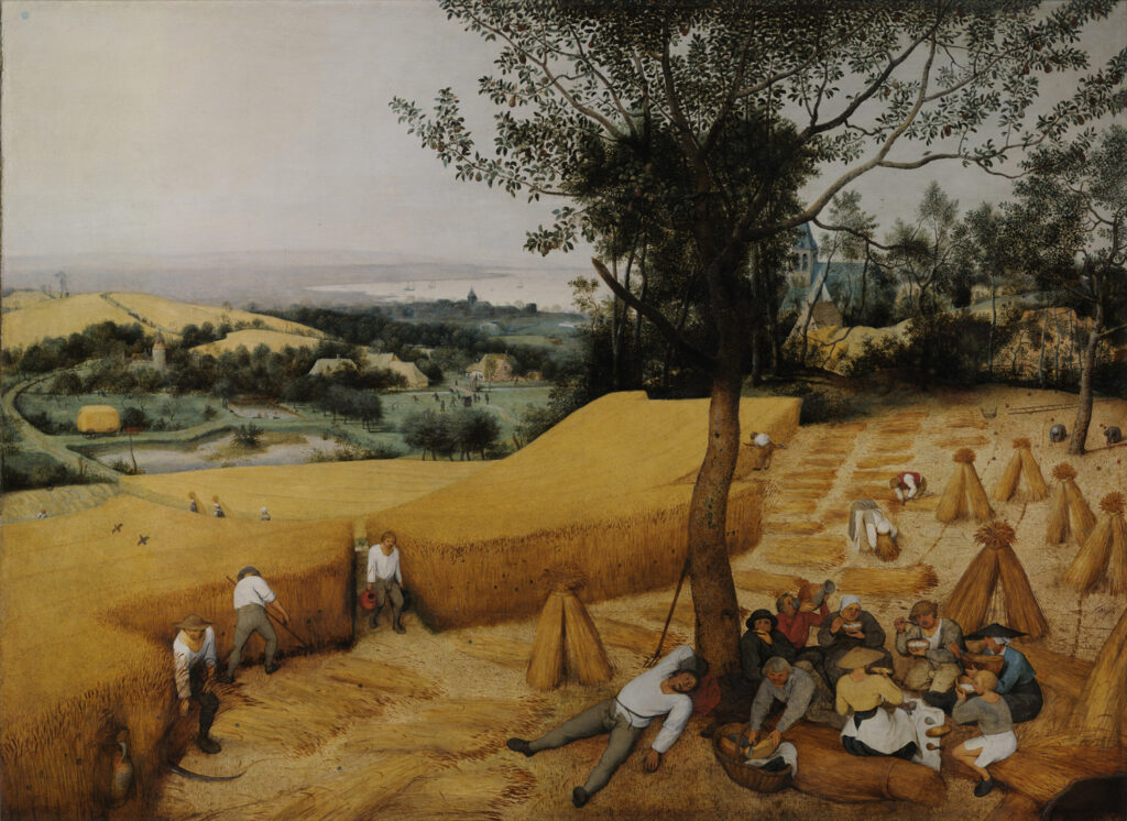 Oil painting on wood. Some people are under a tree eating bread and cheese or napping while a few men are cutting with scythes at the edge of a field of ripe golden wheat. Looking downhill, in the distance are houses nestled among trees and a village green, and in the far distance a gray sea