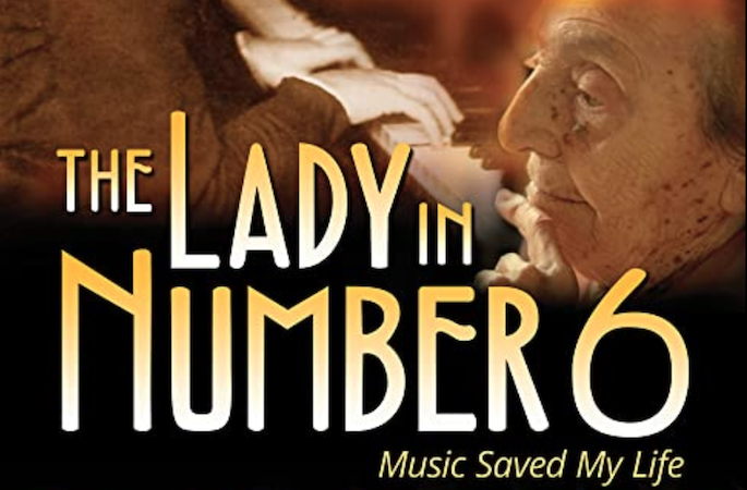 Detail from the movie poster, Lady in Number 6: Music Saved My Life. Sepia hands on a piano keyboard, a profile of an aged woman's face.