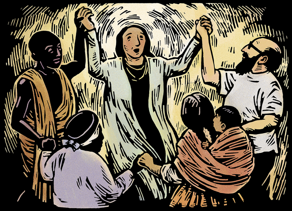 Relief-cut print of a circle of people dancing against a black background: a brown-skinned woman facing us, wearing a flowing dress, with rays of light encircling her like a spotlight; a dark-skinned man in a simple wrap; a dark-skinned man wearing a robe and turban; a brown-skinned woman with black braids and a small child tied to her back with a shawl; a white-skinned balding, bearded man in a T-shirt. The people clasp their hands as they dance and watch the lighted woman, whose mouth is open in song.