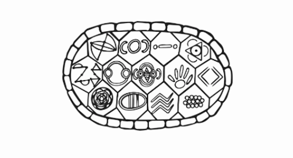 Drawing of a turtle shell with a symbol filling each of the thirteen plates