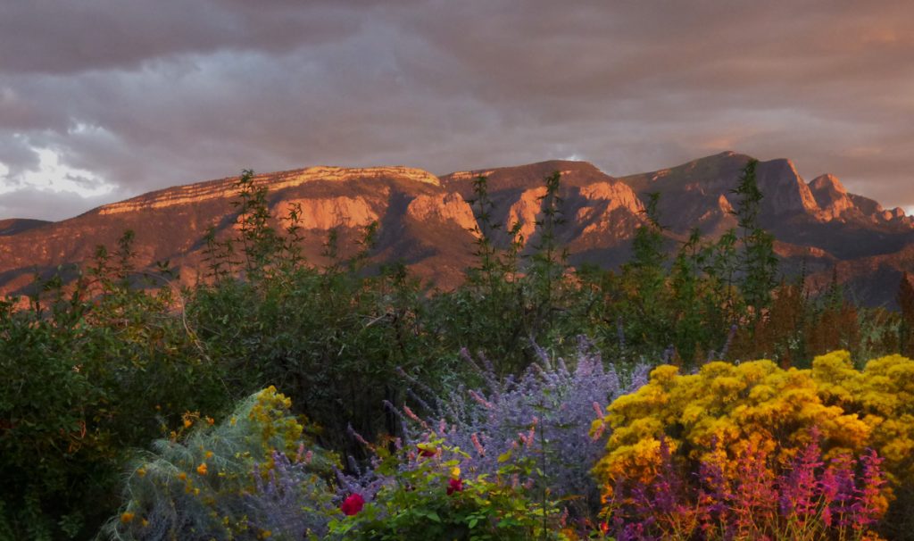 Sunset view of Sandia Mountains glowing red under cloudy, pink-tinged skies of beauty.