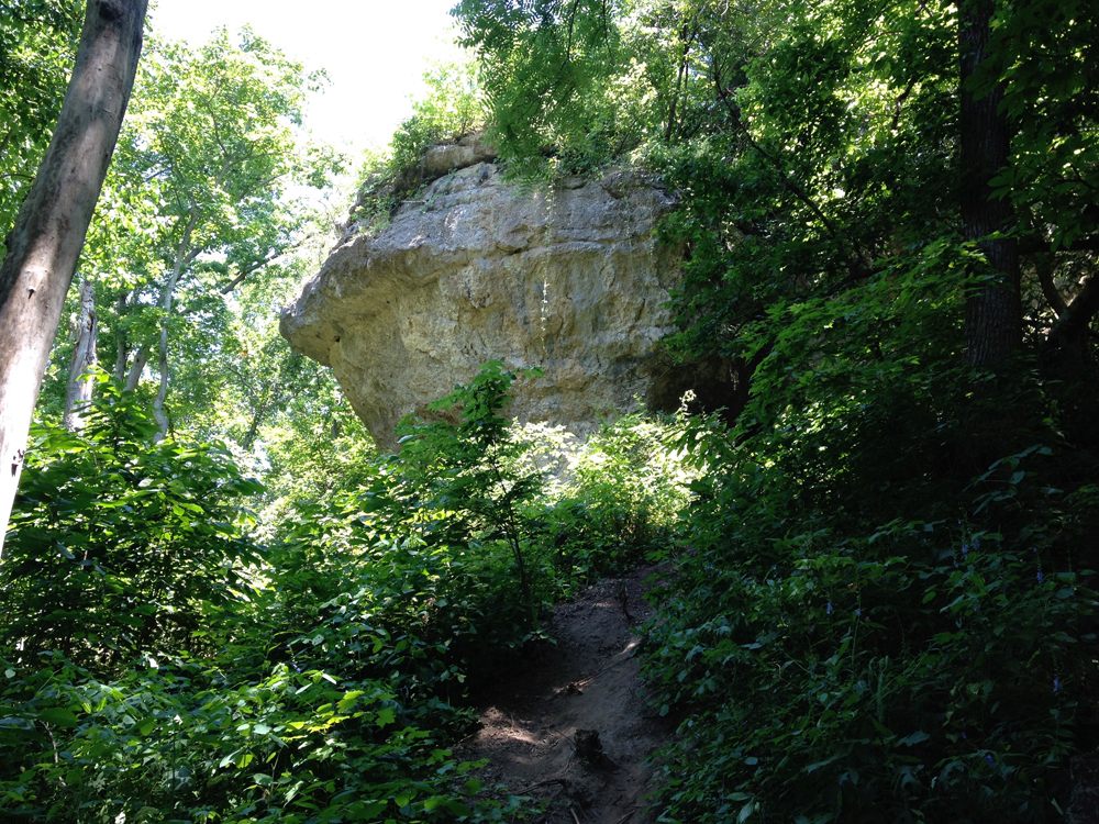 Under the bluff, a white pointed cliff surrounded by greenery