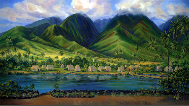 Painting of green Maui mountains in background, and in the foreground is a large blue pond surrounded by houses with tall steeply sloped thatch roofs